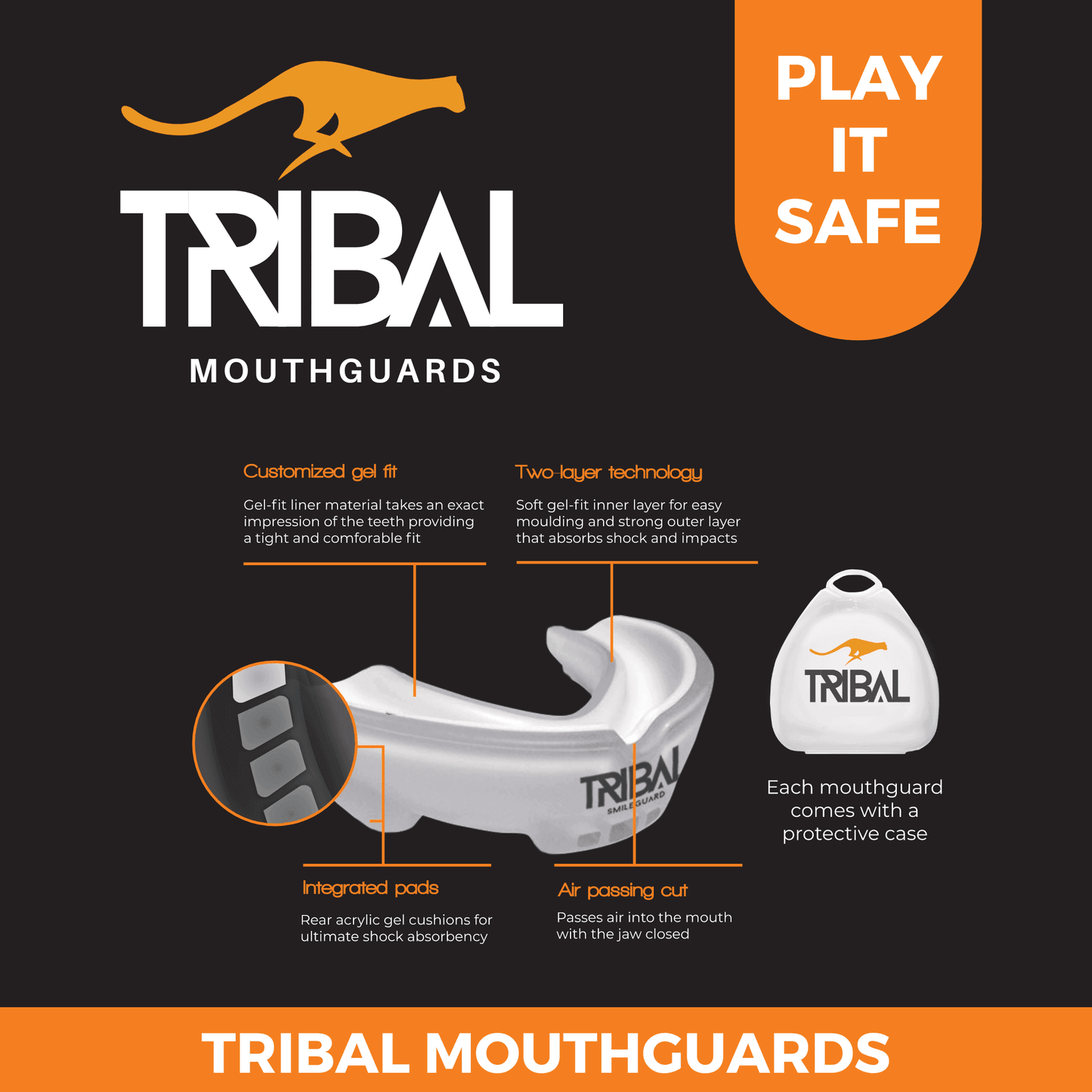 Gel Pro Sports Mouthguards by Tribal - Play it Safe - Tribal Sports Mouthguards Tribal sports mouthguards ruby Australia, wallabies, wallaroos, dental, mouth , teeth, injuries, boil and bite, heat and fit, multiple colours, rugby, football cricked